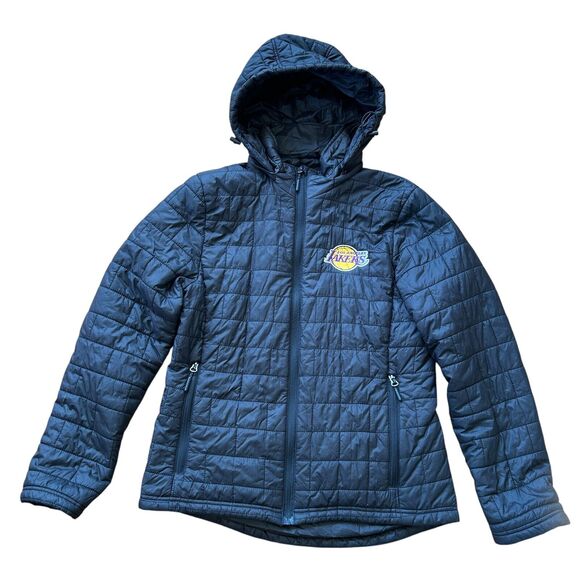 Los Angeles Lakers Puffer‎ Full Zip Jacket Womens Medium Black Logo Embroidered - Picture 1 of 12